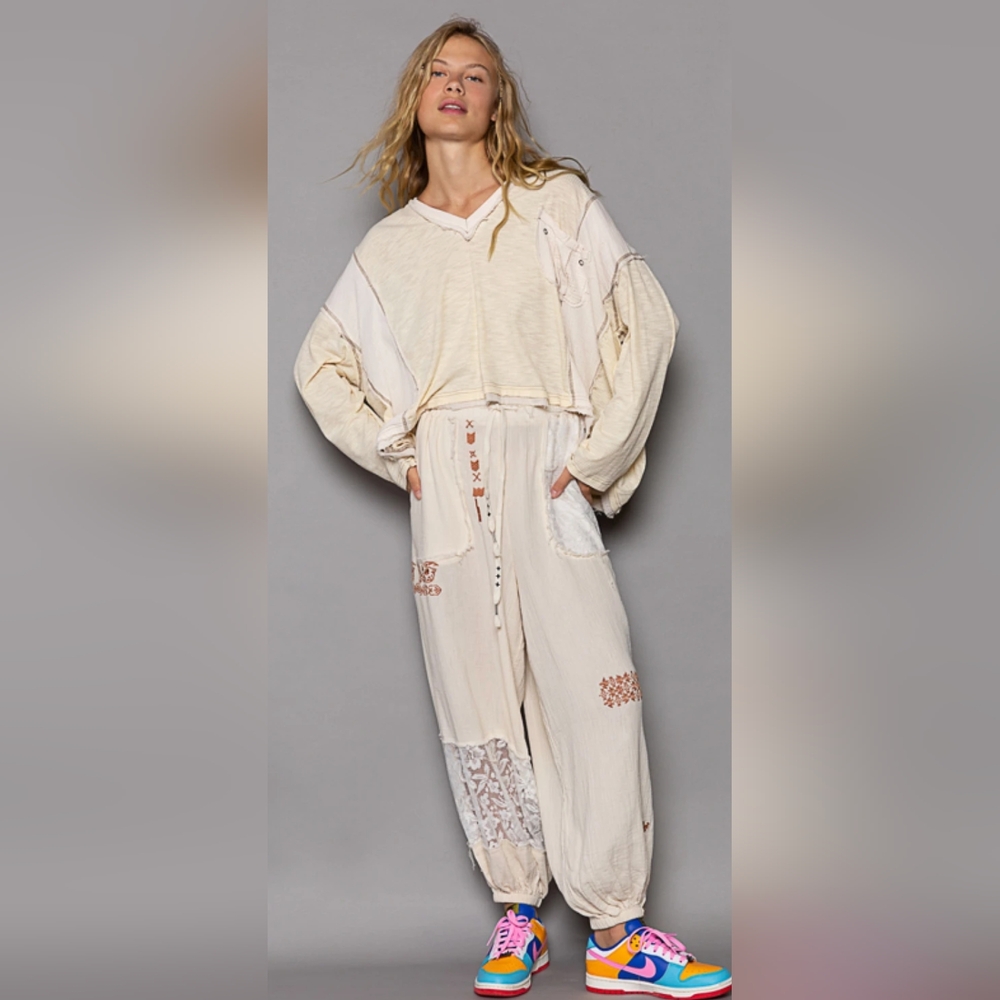 POL Mixed Pattern V Neck Long Sleeve Oversized Shirt